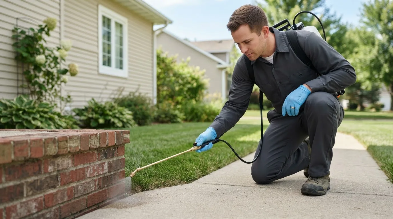 Pest control technician treating a home near Kirwin, KS